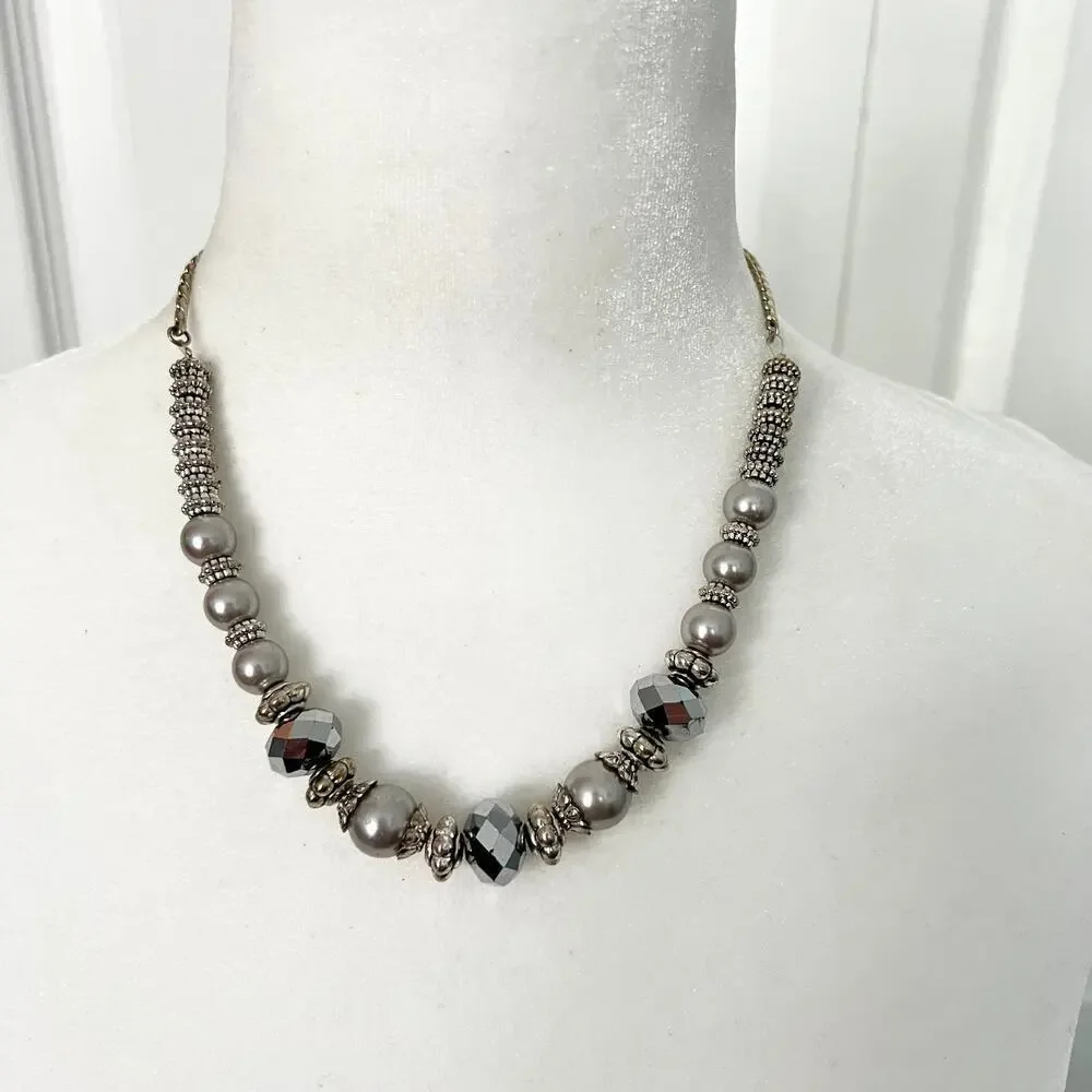 Silver tone pearl charm adjustable fancy elegant chic necklace